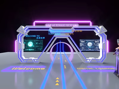 Futuristic Digital Entrance With Neon Lights Welcome Display And Tech Screens 3d model