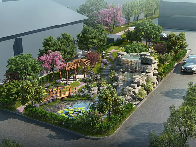 Scenic Park Landscape With Wooden Pavilion Water Lily Pond Stone Rockery And Green Trees 3d model