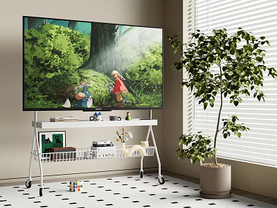 Large TV In Living Room With Shelves And Plant 3d model