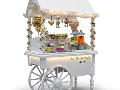 White Decorative Candy Cart With Canopy Flowers Teddy Bears Ice Cream Decorations And Candy Jars 3d model