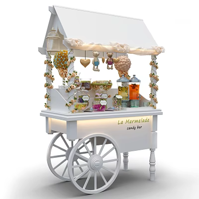 White Decorative Candy Cart With Canopy Flowers Teddy Bears Ice Cream Decorations And Candy Jars 3d model