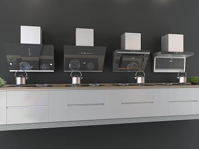 Modern Kitchen With Range Hoods White Cabinets Black Backsplash Countertop And Pots 3d model