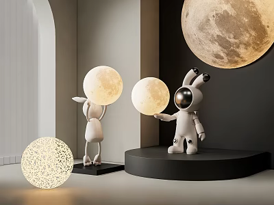 Creative Floor Lamp With Rabbit And Astronaut Figures Moon Shaped Light Spherical Design 3d model