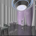 Purple Indoor Space With Circular Starry Sky Ceiling Curved Walls Shiny Black Floor And Sculpture