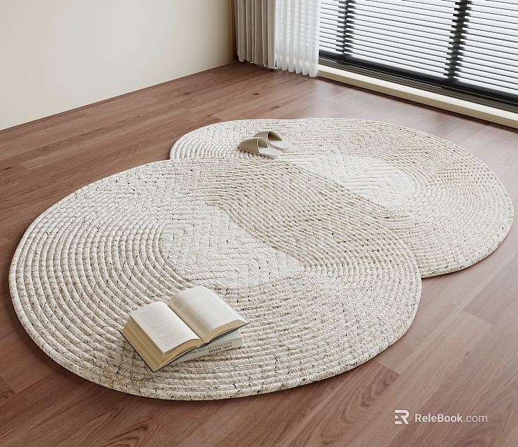 Light Woven Round Rugs on Wooden Floor by Window 3d model 