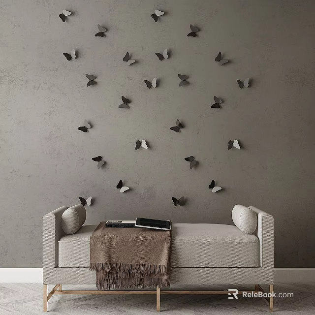 Tech Exhibition Hall Interior With Gray Wall Butterfly Decorations And Beige Sofa 3d model 