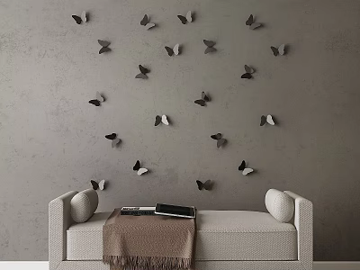 Tech Exhibition Hall Interior With Gray Wall Butterfly Decorations And Beige Sofa 3d model