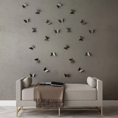 Tech Exhibition Hall Interior With Gray Wall Butterfly Decorations And Beige Sofa 3d model