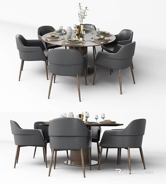 Modern Dining Table Set With Grey Upholstered Chairs Round Tabletop And Tableware 3d model 