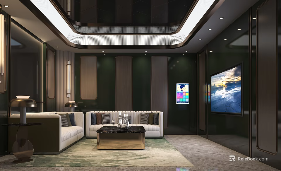 Modern Luxury KTV Interior Design With Comfortable Sofa TV Screen And Decorative Lights 3d model
