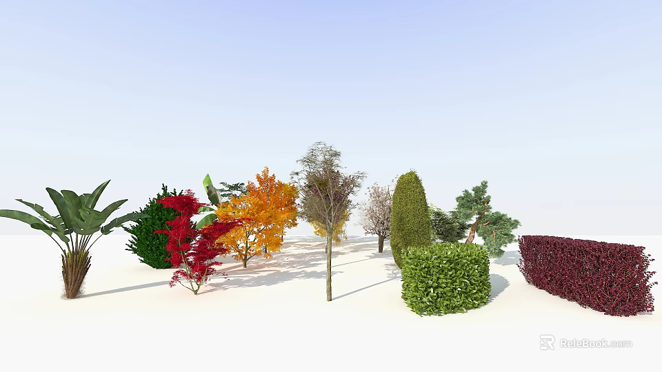 Trees with various colors shapes and red orange green bushes under blue sky white ground 3d model 
