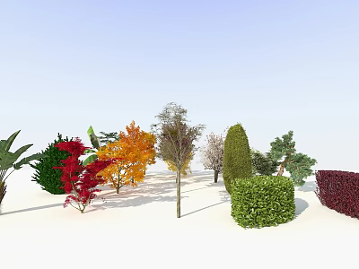 Trees with various colors shapes and red orange green bushes under blue sky white ground 3d model