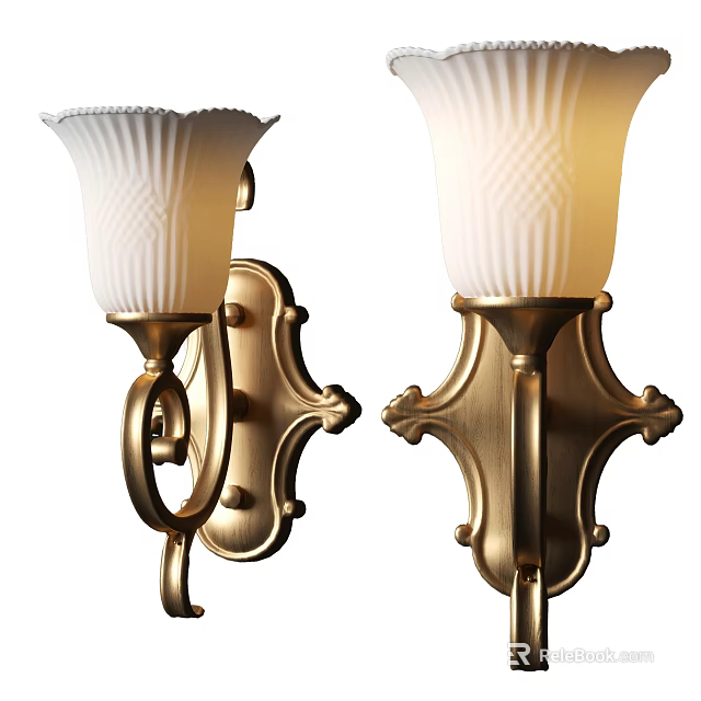 Ornate Golden Wall Lamps With White Patterned Shades For Home Interior 3d model 