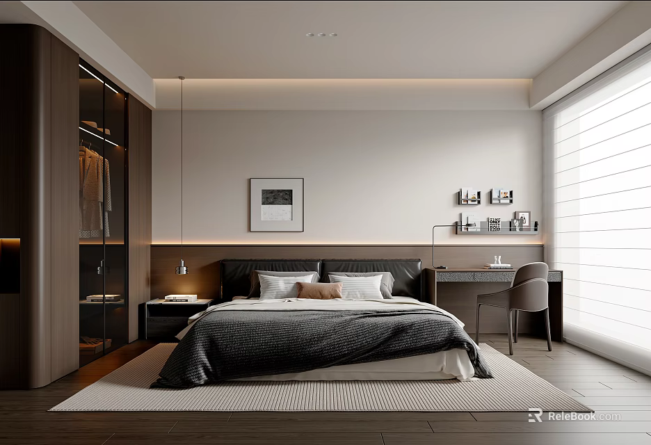 Modern Bedroom Interior With Bed Desk Wardrobe Blinds Natural Light And Wooden Floor 3d model 