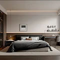 Modern Bedroom Interior With Bed Desk Wardrobe Blinds Natural Light And Wooden Floor