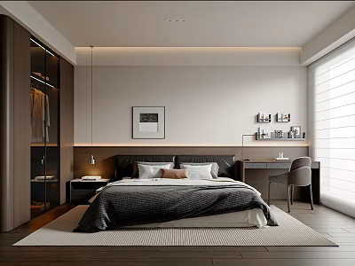 Modern Bedroom Interior With Bed Desk Wardrobe Blinds Natural Light And Wooden Floor 3d model