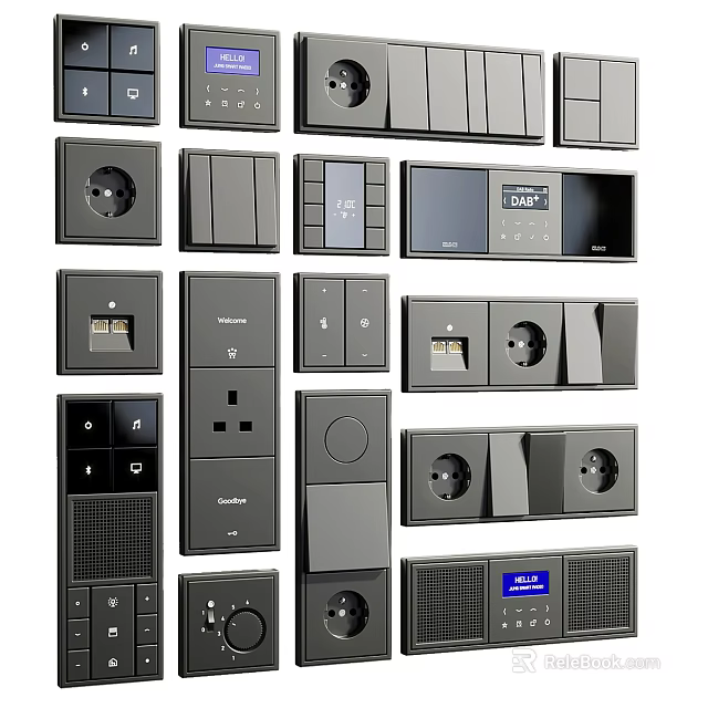 Modern Stylish Switch Panels with Various Designs Sockets and Digital Display Features 3d model