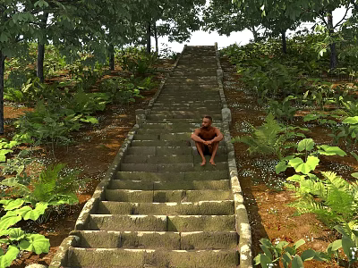 Park Landscape Featuring Stone Steps And A Person Sitting Surrounded By Trees And Greenery 3d model