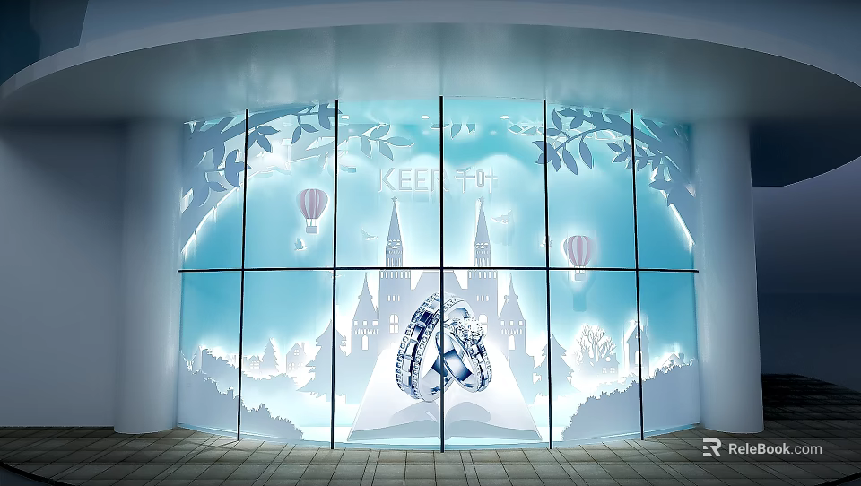 Shop Window With Blue Glass White Leaves Balloons Castle Pattern Ring And Box Lighting Effect 3d model 