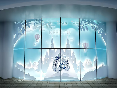 Shop Window With Blue Glass White Leaves Balloons Castle Pattern Ring And Box Lighting Effect 3d model