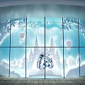 Shop Window With Blue Glass White Leaves Balloons Castle Pattern Ring And Box Lighting Effect