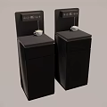 Two Modern Black Kitchen Water Dispensers With White Cups On Top