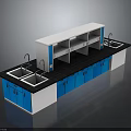 Food Preparation Kitchen Counter With Blue Cabinets Black Top Sink And Upper Shelves