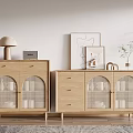 Wooden Sideboard With Arched Glass Doors Decorative Table Lamp And Potted Plant