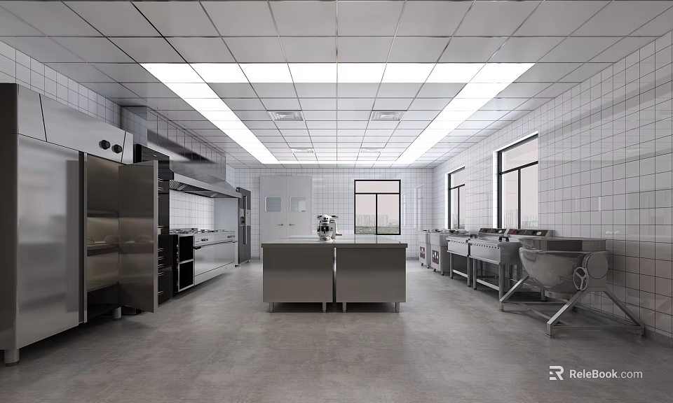 Commercial Kitchen With Stainless Steel Equipment White Tiled Walls And Central Workbench 3d model 