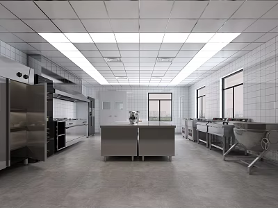 Commercial Kitchen With Stainless Steel Equipment White Tiled Walls And Central Workbench 3d model