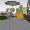 Rooftop Garden Landscape With Palm Trees Umbrella Tent Blue Flowers And People Sitting