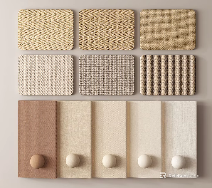 Various Textured Fabric Samples With Different Patterns Neutral Colors And Round Decorative Elements 3d model