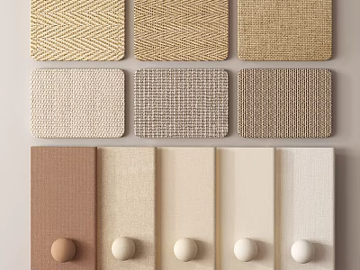Various Textured Fabric Samples With Different Patterns Neutral Colors And Round Decorative Elements 3d model