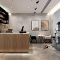 Modern Café Interior With Wooden Counter Green Chair Shelves And Cat