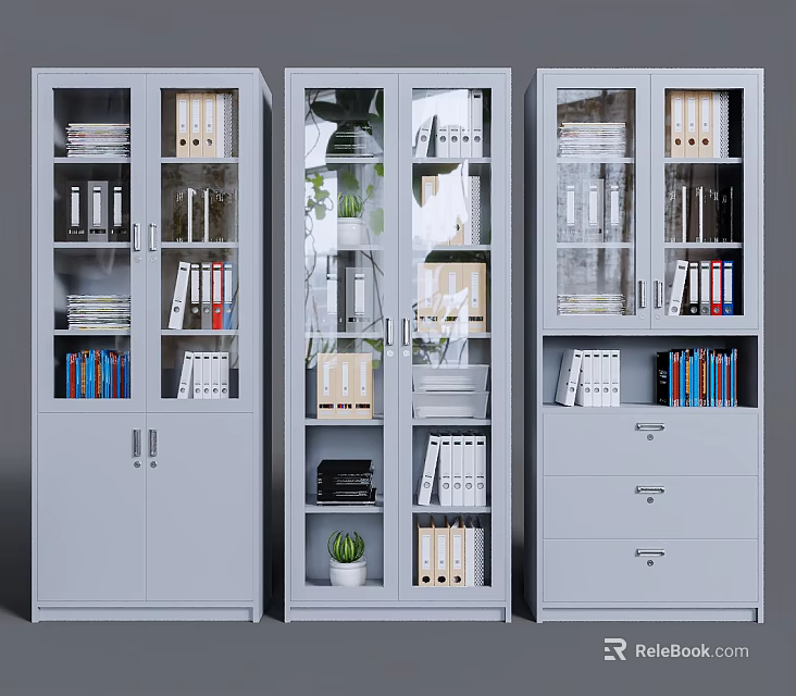 Modern Glass Door Bookcase With Multiple Shelves File Storage Books And Potted Plant Decoration 3d model 