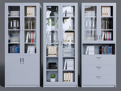 Modern Glass Door Bookcase With Multiple Shelves File Storage Books And Potted Plant Decoration 3d model