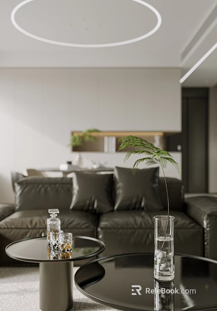 Minimalist Open Concept Living and Dining Room With Gray Sofa Green Plant And White Walls 3d model 