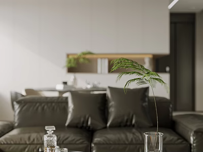 Minimalist Open Concept Living and Dining Room With Gray Sofa Green Plant And White Walls 3d model