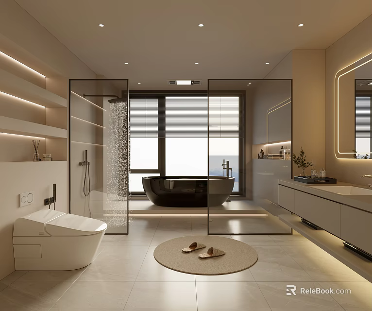Modern Bathroom Interior Design With Glass Shower Partition Black Bathtub White Toilet And Round Rug 3d model 