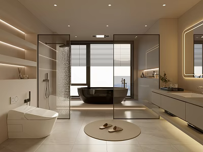 Modern Bathroom Interior Design With Glass Shower Partition Black Bathtub White Toilet And Round Rug 3d model
