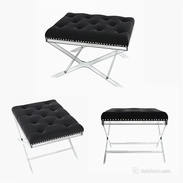 Black Velvet Ottoman With Studded Edges And Metal Cross Base Design 3d model 
