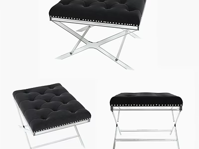 Black Velvet Ottoman With Studded Edges And Metal Cross Base Design 3d model