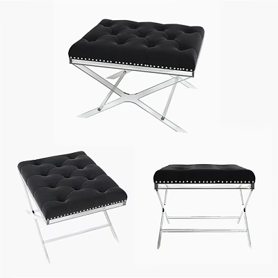 Black Velvet Ottoman With Studded Edges And Metal Cross Base Design 3d model
