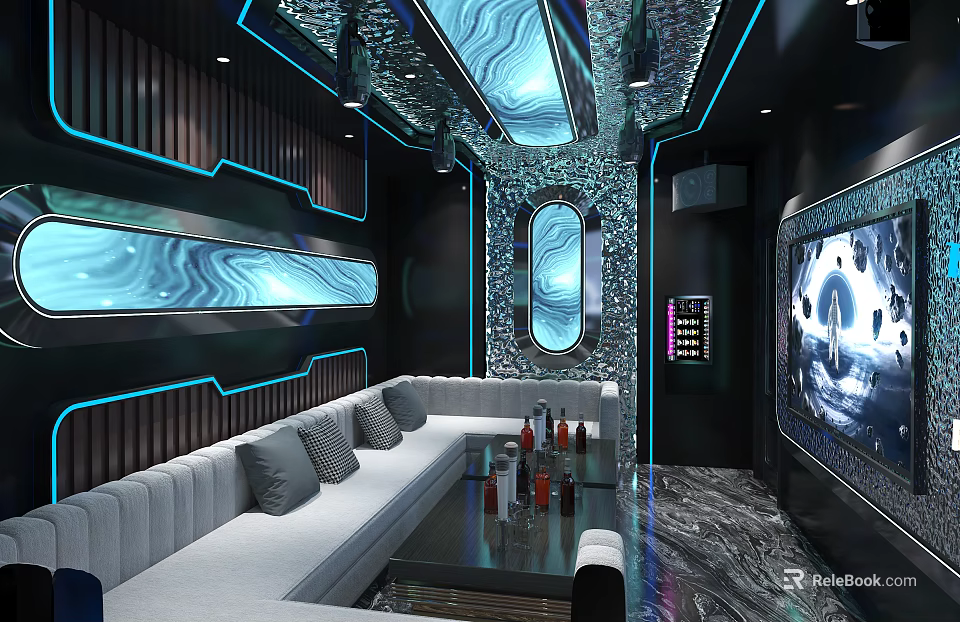 Modern Luxury KTV Interior Design With Comfortable Sofa Large Screen And LED Lights 3d model