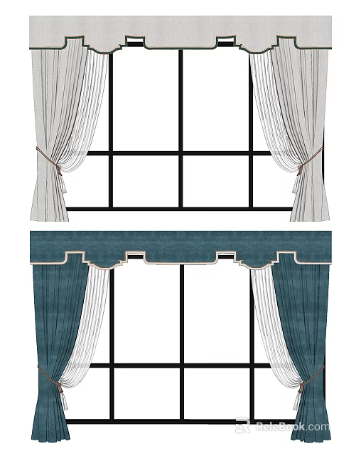 White And Blue Curtains With Tiebacks And Valance Window Treatment Design 3d model 
