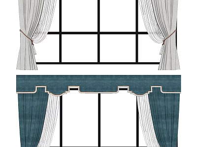 White And Blue Curtains With Tiebacks And Valance Window Treatment Design 3d model