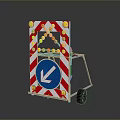 Temporary Traffic Barrier With Red White Stripes Yellow Reflective Dots And Blue Arrow Sign