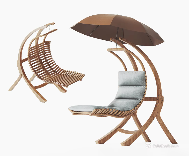 Wooden Lounge Chair with Curved Design Attached Umbrella and Gray Cushion Outdoor Relaxation Furniture 3d model 