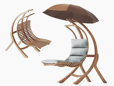 Wooden Lounge Chair with Curved Design Attached Umbrella and Gray Cushion Outdoor Relaxation Furniture 3d model