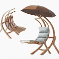 Wooden Lounge Chair with Curved Design Attached Umbrella and Gray Cushion Outdoor Relaxation Furniture